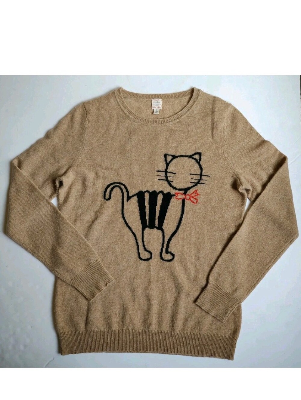 Maison Jules 100% Cashmere Pullover Sweater Cat Beige Tan Long Sleeve Black M